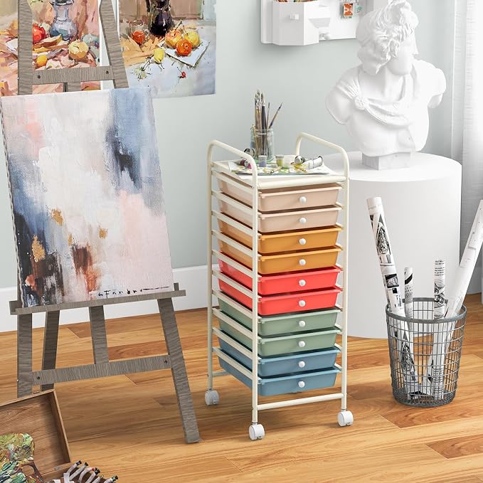 Giantex 10-Drawer Rolling Storage Cart w/Wheels, Handle, Removable Drawers, Mobile Organizer Storage Unit, Trolley Utility Cart for Home Kitchen Makeup Living Room Office Play Room - Image 4