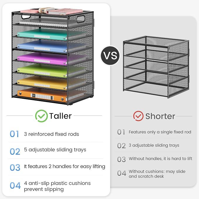 Lavatino 8 Tier Paper Organizer for Desk, Black Mesh Letter Tray File Sorter Organizers with Handles, Including 5 Adjustable Slid Trays for Office School Classroom Supplies Organization and Storage - Image 6