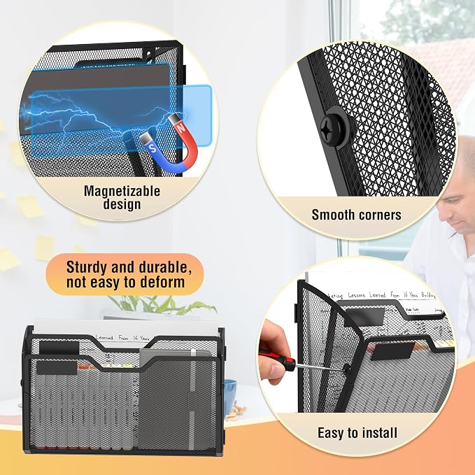 Docnest 3 Pack 2 Tier Dual-Mount Magnetic Mesh File Holders, Wall Organizer | Mount magnets or screws. 2-in-1 hanging mesh mail letter organizer with hooks for office and home clutter - Image 3