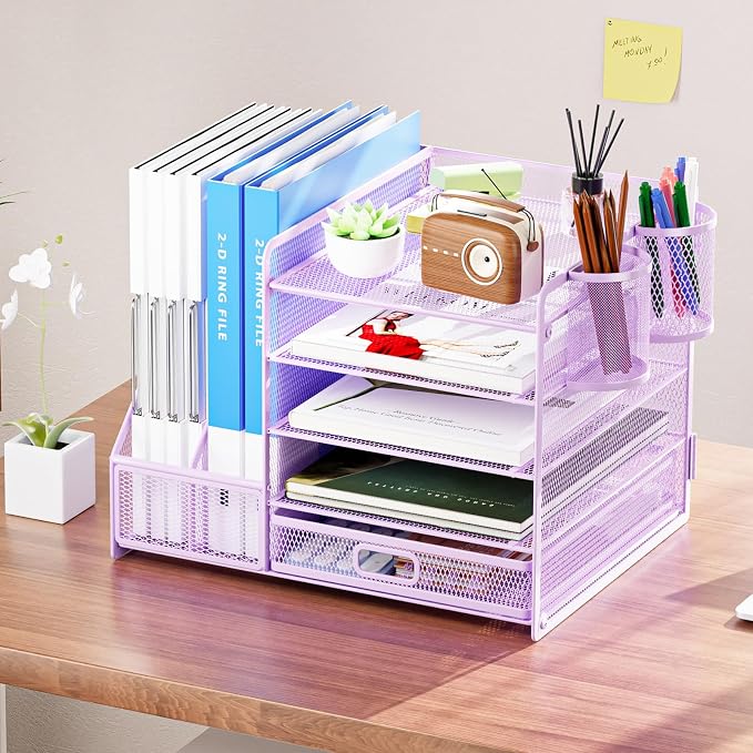 Marbrasse Desk Organizer with File Holder, 5-Tier Paper Letter Tray Organizer with Drawer and 2 Pen Holder, Mesh Desktop Organizer and Storage with Magazine Holder for Office Supplies(Purple) - Image 3