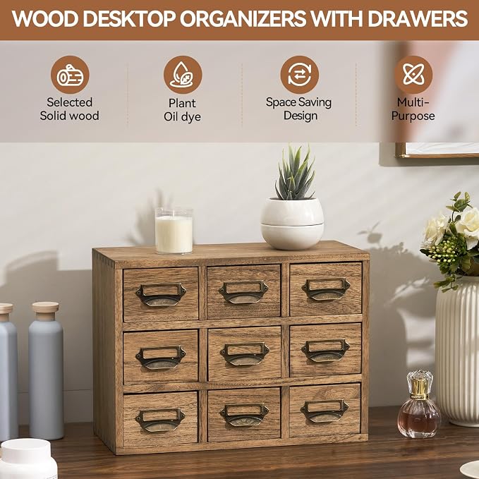 KIRIGEN Wooden Desk Organizer with 9 Drawers, Storage Cabinet, Brown | Solid Wood Desktop Organizer with Metal Label Handles for Office Supplies, Crafts, Tea Bags, Makeup, Fully Assembled - Image 4