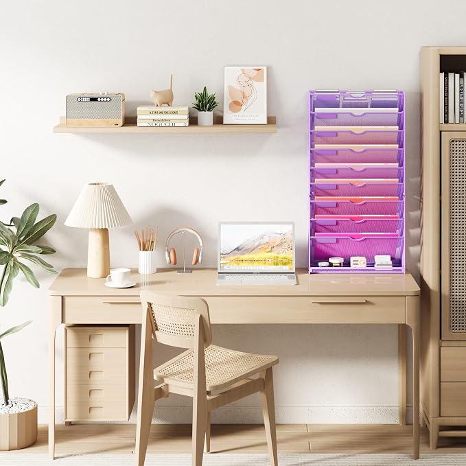 Lavatino Hanging Wall File Folders Organizer - 10-Tier Purple Metal Mesh Paper Magazine Document Mail Holder File Organizer for Office School Home Wall Mount or Desk Supplies Organization - Image 6
