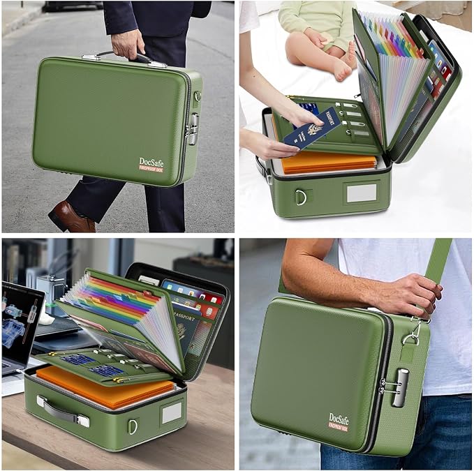 DocSafe Fireproof Document Box Hard Case with Lock ＆ Accordion File Folder | Fire and Water Resistant Safe Box,File Organizer,Multi-Pocket,Home Office Travel Storage for Important Document,Laptop,Green - Image 7