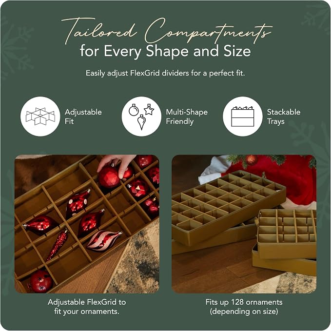 Covermates Keepsakes Adjustable Ornament Storage Box – Heavy-Duty Polyester, Padded Dividers & FlexGrid Trays – Protective Holiday Organizer with Stackable Walls & Label Window, Green Snowflake - Image 5
