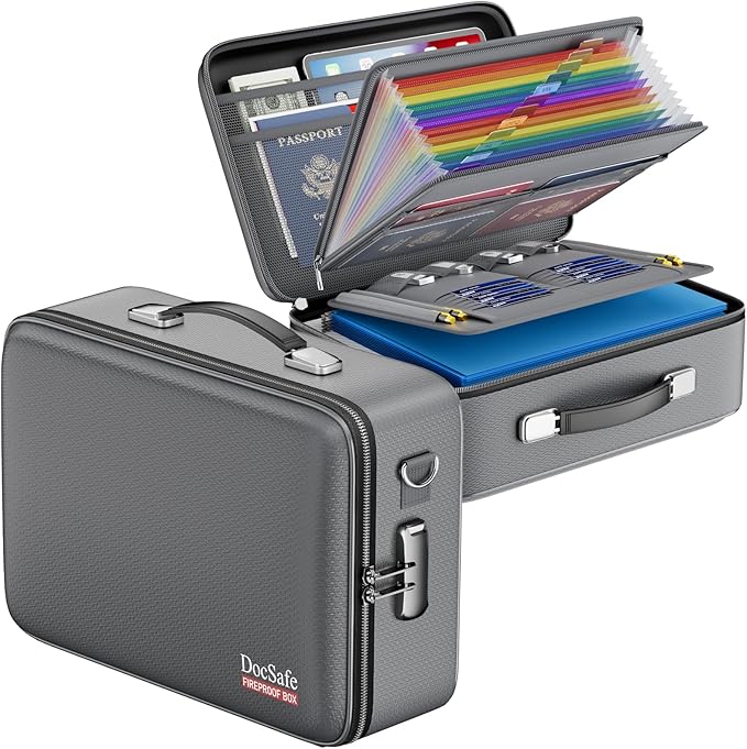 DocSafe Fireproof Document Box Hard Case with Lock ＆ Accordion File Folder | Fire and Water Resistant Safe Box,File Organizer,Multi-Pocket,Home Office Travel Storage for Important Document,Laptop,Gray by DocSafe