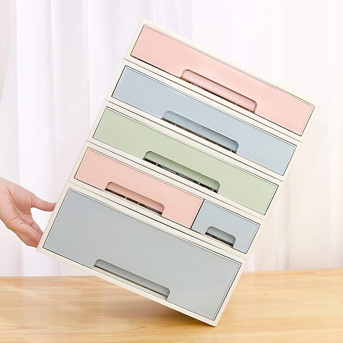 Makeup Organizer, Cosmetic Storage Box, ROSELIFE [TAEF-04] Desktop Stationery, Remote Control Storage Box, Kitchen Spices Organizer Box, 4 Pieces 6 Drawers, 5 Slots, Blue, Pink and Green Assortment - Image 3