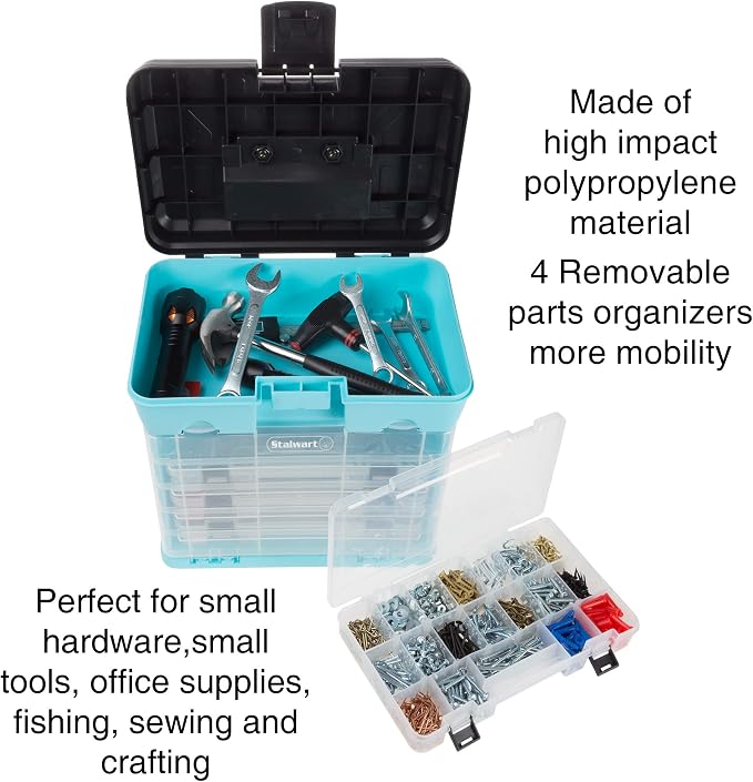 Small Parts Organizer Box - 10-Inch Portable Storage Case with 4 Removable Multi-Compartment Trays for Screws, Beads, Small Fishing Tackle, Hardware, and Craft Supplies by Stalwart (Light Blue) - Image 3