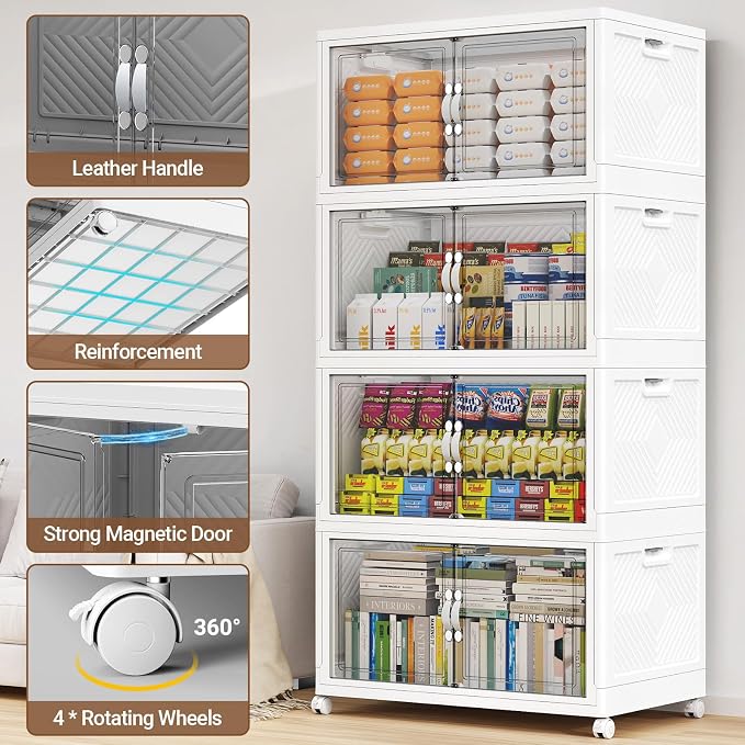 BROVIEW 300QT Large Stackable Storage Bins with Clear Doors, V20 3Pack | 75Gal Plastic Closet Organizer Cabinet with Lid and Wheels, Collapsible Latch Box Folding Drawer for Home, White - Image 4