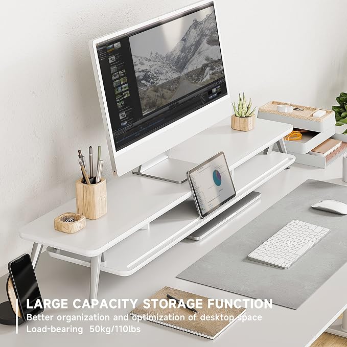 Fenge Dual Monitor Stand, Monitor Stands Riser for 2 monitors, 42.5 Inch Wood Desk Shelf with Storage Organizer and Cable Management for Office Desk Accessories - Image 3