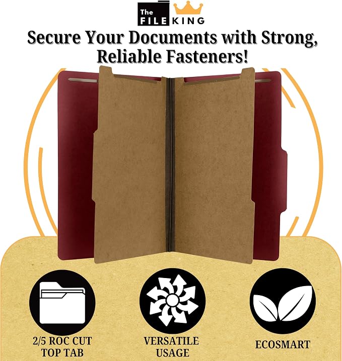 The File King Pressboard Classification Ruby Red Partition File Folder | Legal Size - Box of 10 | Two Dividers | Six 2” Durable Fastener Prongs | 2/5 Cut Top Tab | 2” Expansion - Image 3