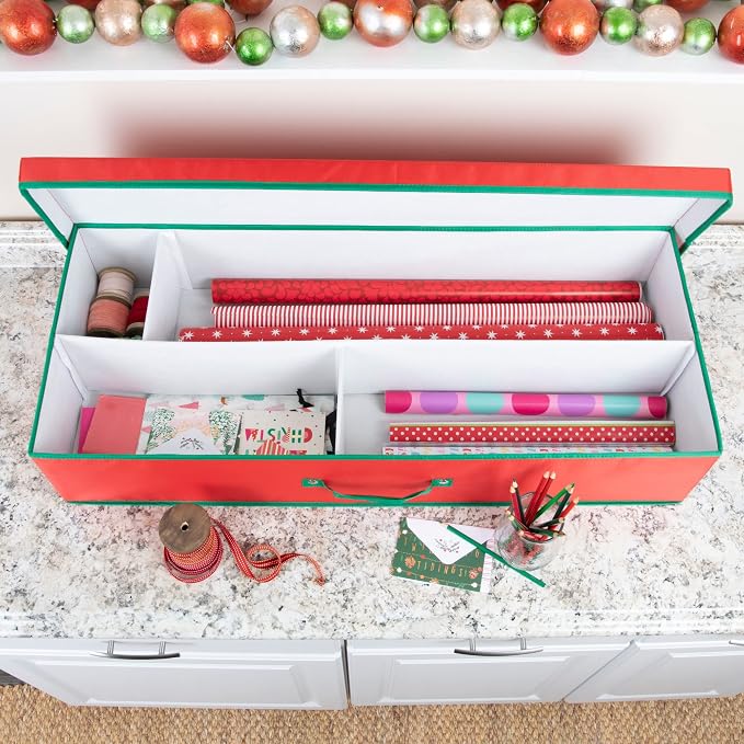 Household Essentials Holiday Gift Wrap Organizer with Lid, Red and Green - Image 2