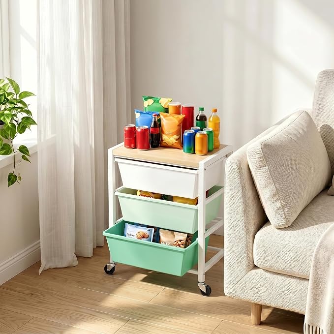 Rolling Cart with 3 Drawers, Plastic Drawer Storage Carts with Lockable Wheels & Wooden Tabletop, Metal Art Craft Utility Cart Organizer for Home Office Bedroom Dorm Bedside Classroom, Bright Green - Image 6