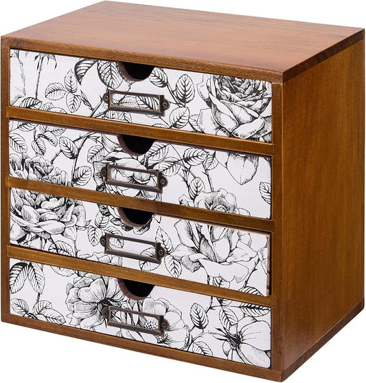 Vintage Desk Organizer with 4 Black & White Floral Drawers - Wooden Storage Shelf Drawer for Tabletop - Wood Desktop Organizing Box Cabinet - Black & White Monochrome Botanical Toile de Jouy by PrimoSupply