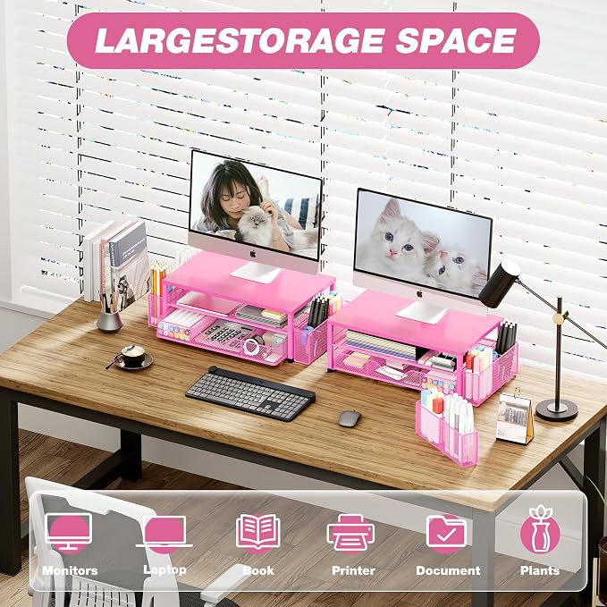 Desk Organizers and Accessories, Computer Monitor Stand Riser with Drawer and 2 Pen Holders, Printer & Laptop Stand, Office Desk Accessories & Workspace Organizers for Home Office Supplies, Carmine Rose - Image 5