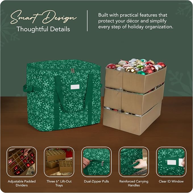 Covermates Keepsakes Adjustable Ornament Storage Bag – Heavy-Duty Polyester, Padded Dividers & FlexGrid Trays – Protective Holiday Ornament Organizer with Handles & Label Window, Green Snowflake - Image 4