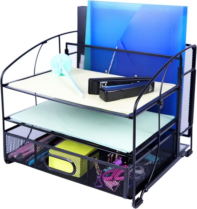 Exerz Mesh Desk Organiser Office Supplies 3 Trays/Desktop File Holder with Sliding Drawer and Hanging File Holder/Paper sorters/Vertical Upright Section for Office Home Multifunctional (Black New) by Exerz