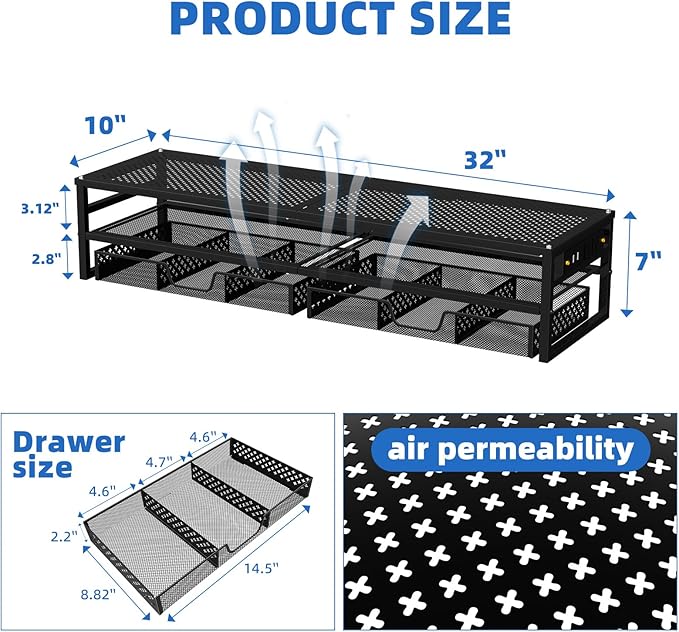 Simple Trending 2-Tier Metal Dual Monitor Stand with USB & 2 Drawers, Black | 32"W x 10"D x 7"H. USB 2.0 + charging port. 2 drawers. Mesh cooling vents. Holds 100 lbs. Non-slip base. Cable ties included. - Image 7