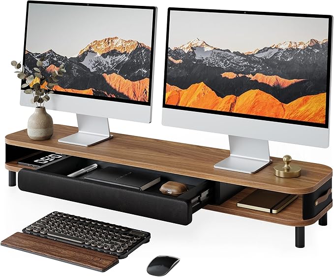 Fenge Dual Monitor Stand with Large Storage Drawer, 42.5" Dsek Shelf, Brown | Slide-Out Drawer with Soft Touch Leather, Ergonomic Monitor Riser, Aluminum leg, 2-Tier Desk Organizer for Laptop, TV, PC by Fenge