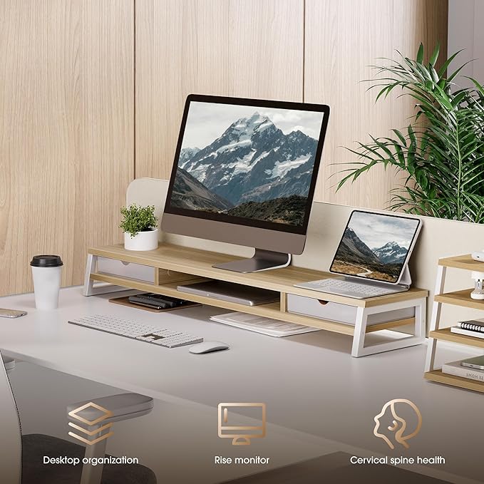 Fenge Dual Monitor Stand Riser, 42.5in Desk Shelf with 2 Drawers, Oak | 2-Tier Monitor Shelf for Desk, Storage Drawer with Stopper, Frosted, fit Home Office, Ultrawide Screen, PC, Laptop, TV - Image 7