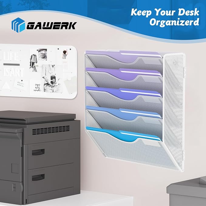 Gawerk 5 Tier Hanging Wall File Organizer, Mesh Mail Paper Orgnization Hanging File Folder Holder for Home Office, White - Image 7