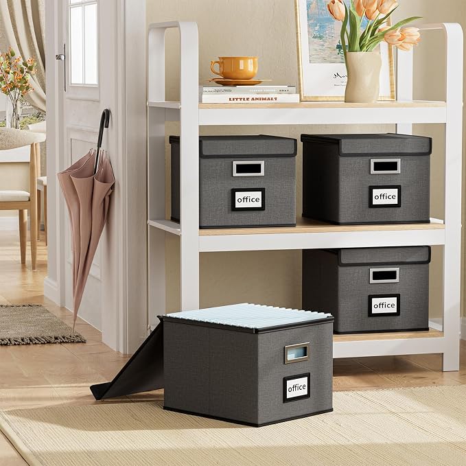 File Organizer Box with Lids, Collapsible File Folder Organizer | File Box with Plastic Slides for Document, Filing Bin for Letter Size Hanging File Folders (2 Pack, Dark Gray) - Image 2