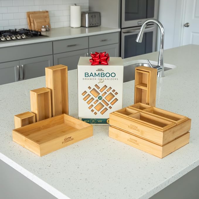 Grow Forward Bamboo Drawer Organizer Boxes - Set of 21 Wooden Drawer Organizers for Kitchen, Bathroom, Office, Desk, Vanity, Makeup - Non-Slip Junk Drawer Organizer Trays for Storage and Organization - Image 6