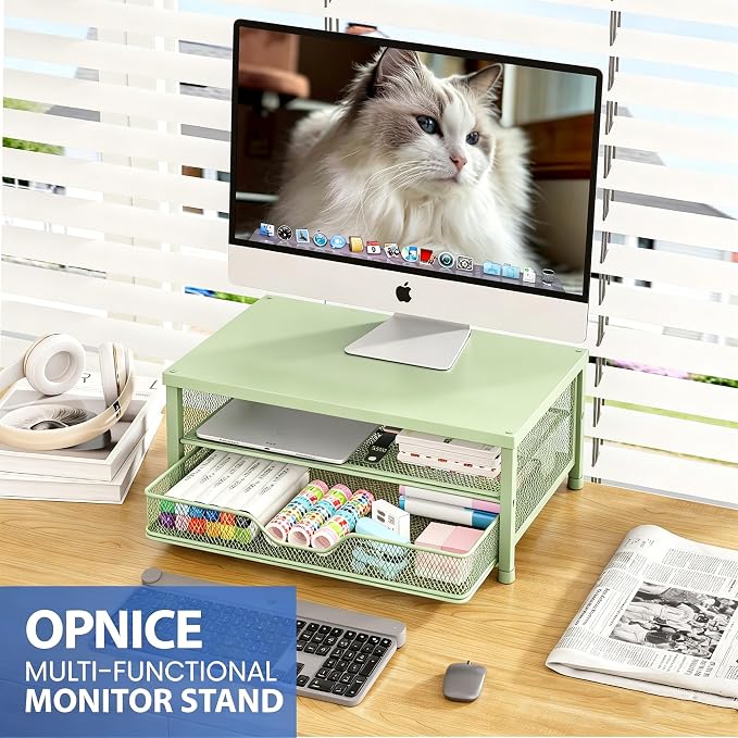 Computer Monitor Stand Riser, Desk Organizer with Drawer, Printer & Laptop Stand, Office Desk Accessories & Workspace Desktop Organizers Storage for Office Supplies(Green) - Image 5