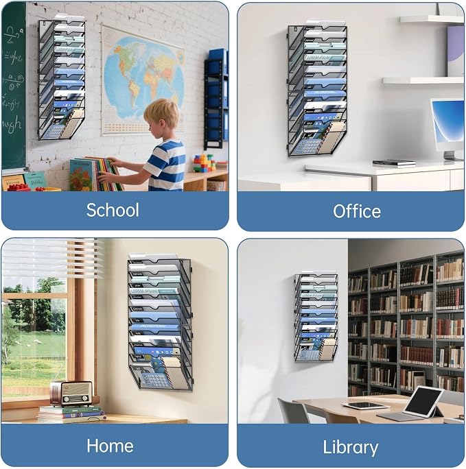 10 Tier Wall File Organizer Office Hanging Mail Holder Wall Mounted, Mesh Paper Document Organizer for Office Home School, Black | Wall Organizer and Wall Mounted File Holder with 10 Pockets and Label Panels for Files, Mail, Folders, Magazines and Paper - Image 3