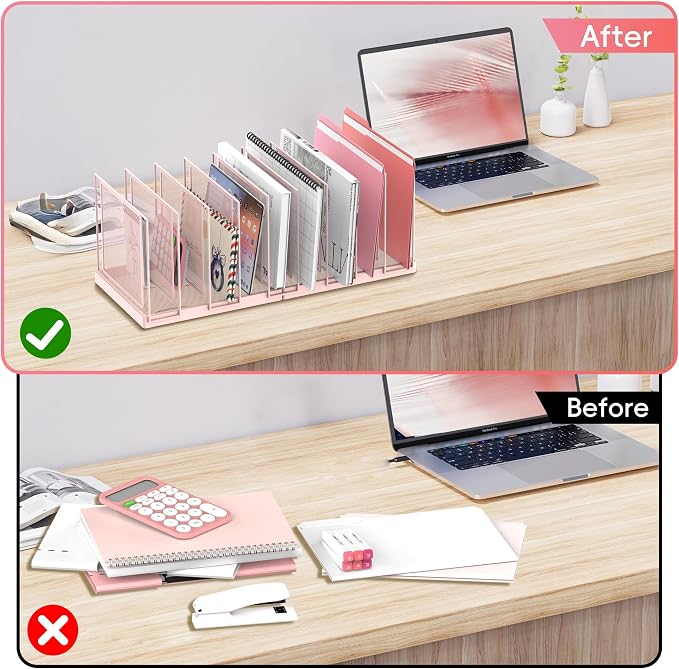 9-Section Desk File Organizer, Vertical File Holder, Mesh Desktop File Folder Metal File Organizer Stand for Office Home Classroom, Pink - Image 6