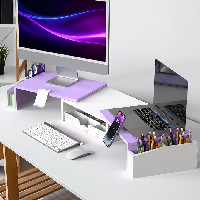 Simple Houseware Desk Dual Monitor Stand Riser with Drawer, Purple | Customizable Organizer Tray, Built-In Phone & Tablet Slot and Side Storage - Image 6