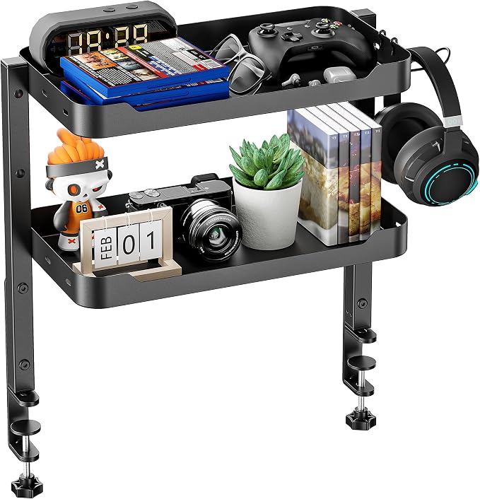 ARES WING 2-Tier 16 inch Clamp On Desk Shelf, Above or Under Desk Storage | Adjustable Desktop Organizer Shlef Holds 66 lbs Heavy Duty, with Headphone Holder for Working and Gaming Accessories, Black by ARESWING