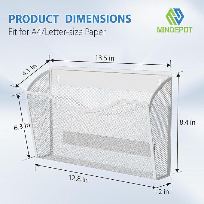 MINDEPOT Magnetic Wall File Organizer, Hanging File Holder, 3 Pack, White | Heavy Duty Iron, Powerful Magnet, Metal Mesh Wall Mount, Single Pocket, for Office School Classroom Home, Letter A4 Size - Image 3
