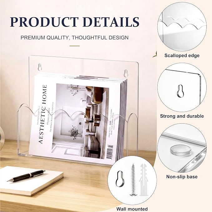 2 Pack Scalloped Acrylic Magazine File Holder Wall Mount Self Adhesive, 13 x 9.5 Inch Brochure Holder for A4 Pocket Storage Letter Folders Mail Organizer Literature Display - Image 3