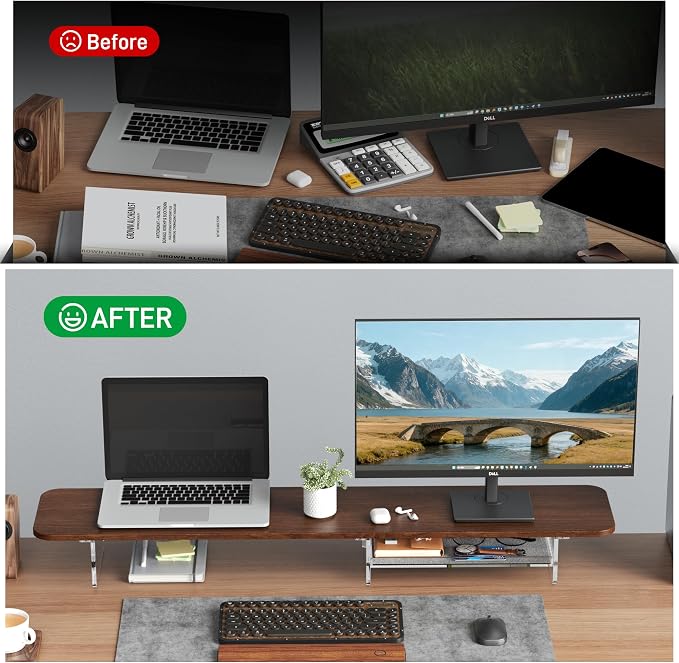 Dual Monitor Stand 43 Inch Extra Large Monitor Riser for Desk, Acrylic Clear Legs Desk Organizer Shelf with Felt Lining Storage Drawer, Compatible with Computer Laptop PC Printer Flat Screen TV - Image 6