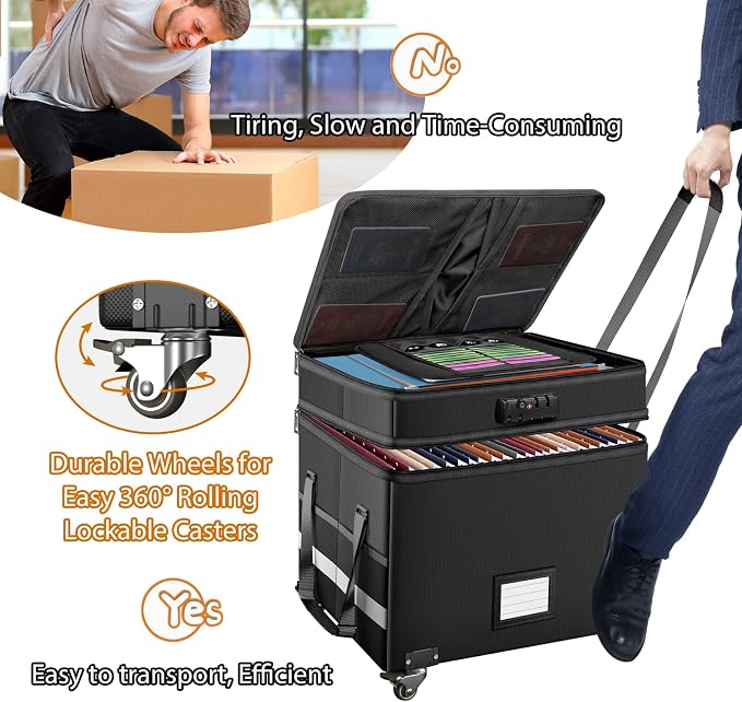 DocSafe Fireproof Document Box with Lock,2-Layer File Box with Wheels,Collapsible File Storage Organizer with Pockets,Large Portable Home Filing Cabinet for Hanging Folders,Black,16''x13.8''x12.2'' - Image 6