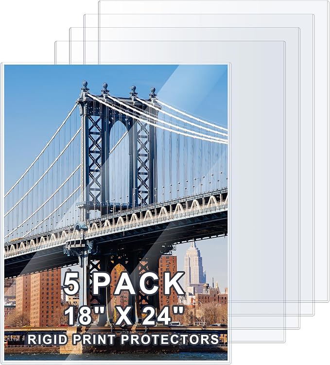 AKONEGE 5 Pcs 18" x 24" Rigid Print Protectors Clear Hard Sheet Protectors Heavy Duty Top Loading Crystal Poster Sleeves Picture Frame Hard Plastic Sleeves for Art Prints Photos Documents Blueprint by AKONEGE