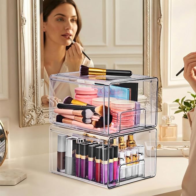 Sorbus Large Clear Stackable Storage Drawers – 2-Pack Plastic Organizer Bins with Handles – Pull-Out Stackable Drawers for Bathroom Closet, Medicine, Cabinet, Pantry Storage, Baby Bottle Organizer - Image 2