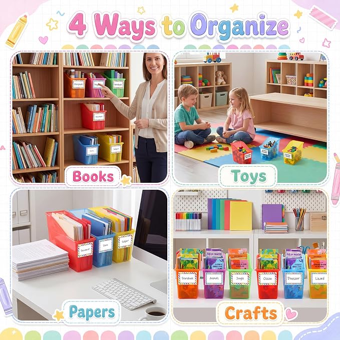 Blosssound 12 Set Book Bins for Classroom with Label Sticker Book Box Baskets Plastic Stackable Organizing Bins Storage & Organization for Classroom Library Home School Supplies (Translucent Colorful) - Image 4