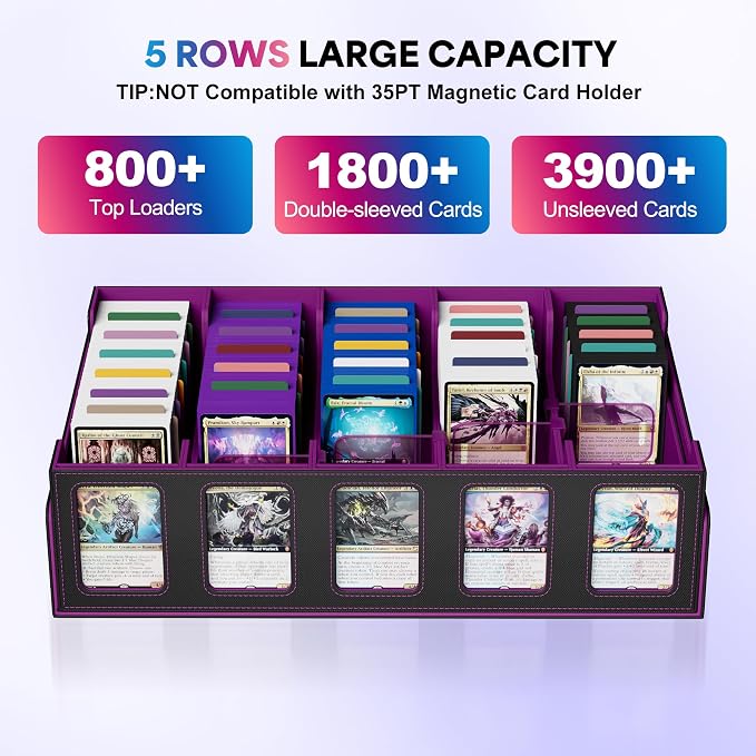 UAONO 5-Row Trading Card Storage Box with Commander Display, Black Purple | 3900+ Card Box with Removable Cover, Card Case Fits MTG TCG Sports Cards, 48 Dividers, 5 Stoppers, 5 Top Loaders, Dice Box - Image 2