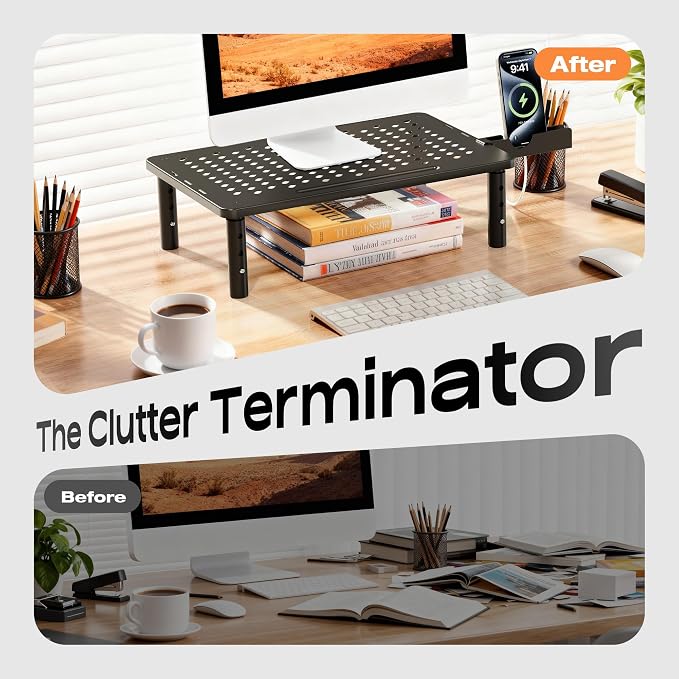 Computer Monitor Stand Riser for Desk, 3 Height Adjustable PC Laptop TV Desktop Monitor Stand Shelf, Metal Printer Table with Phone Holder, Stand Riser for Desk, Office Desk Organizers and Accessories, 2 Pack - Image 6