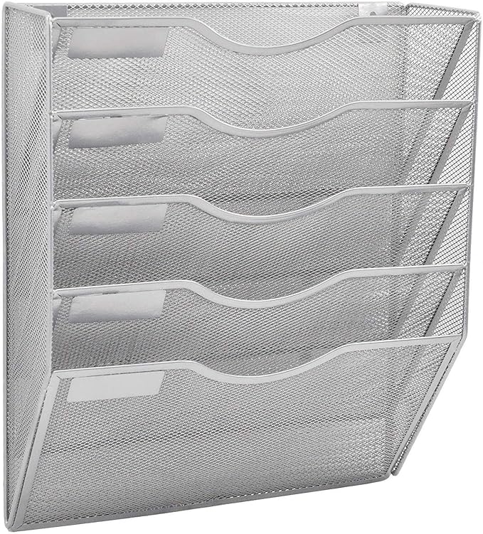 5 Pocket Mesh Hanging Wall File Organizer, Wall Mounted Mail Paper Document Folder Holder, Clipboard Storage Organization Magazine Rack with Nametag Label for Office Home School, Silver by EASEPRES