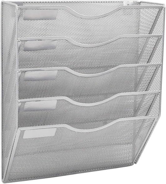 5 Pocket Mesh Hanging Wall File Organizer, Wall Mounted Mail Paper Document Folder Holder, Clipboard Storage Organization Magazine Rack with Nametag Label for Office Home School, Silver by EASEPRES