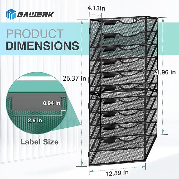 Gawerk 10-Tier Wall File Organizer Hanging Wall File Holder for Office | Wall Mount Paper Folder Organize, Mesh Magazine Document Mail Organizer Wall Organizer for Office School Home, Black - Image 2