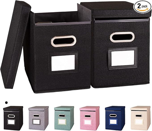 2 Pack Hanging File Folders Organizer with Lid, Letter Size Fabric File Storage Box Collapsible, Portable Office Document Holder with Metal Handle, Smooth PVC Rails, Black by ComfortKeeper