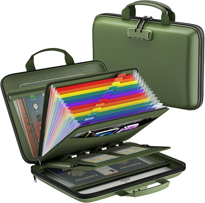 Fireproof File Organizer with Lock, Hard-Shell Document Box, Green | Water Resistant, 13-Pocket Expanding Folder, Portable Safe Storage for Letter Legal Files, Laptop, Valuables, Large Capacity by ZOOPIP