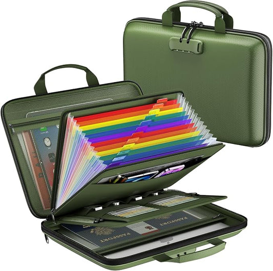 Fireproof File Organizer with Lock, Hard-Shell Document Box, Green | Water Resistant, 13-Pocket Expanding Folder, Portable Safe Storage for Letter Legal Files, Laptop, Valuables, Large Capacity by ZOOPIP