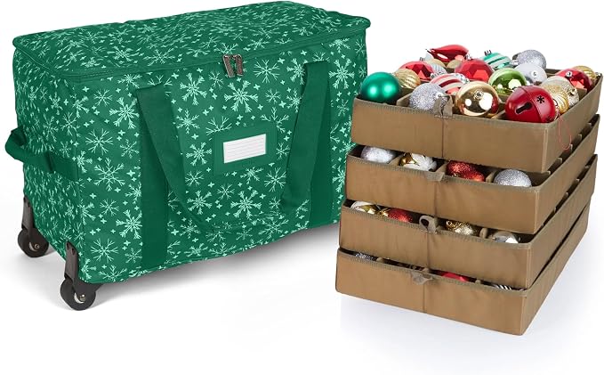 Covermates Keepsakes Rolling Adjustable Ornament Storage Bag – Heavy-Duty Polyester, FlexGrid Trays & Padded Dividers – Protective Holiday Organizer with Wheels, Handles & ID Window, Green Snowflake by Covermates