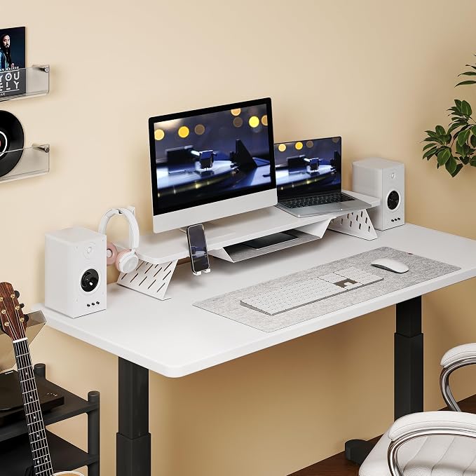 Fenge Dual Monitor Stand, Wooden Desk Shelf with Headphone & Phone Holder | 42.5" Monitor Riser with Storage Shelf, 2-Tier Monitor Shelf with Metal Leg for Home Office Organizer, White - Image 7