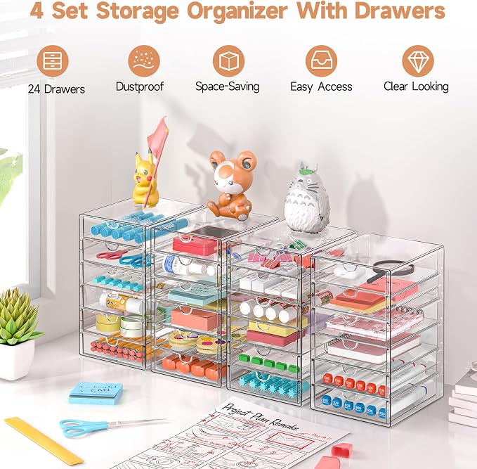 DOMNIU Acrylic Makeup Drawer Storage Organizer with 24 Drawers, 4 Set | Office Desk Organization and Storage, Dustproof Drawer Organizer for Makeup, Countertop, Jewelry, Desktop, Bathroom, Bedroom - Image 6