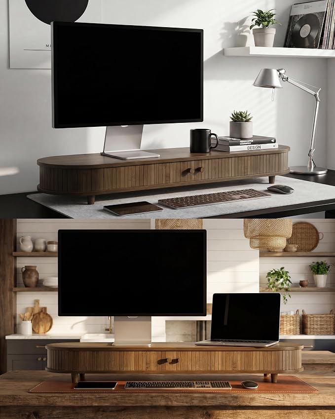 42 Inch Curved Dual Monitor Stand Riser with Storage Desk Shelf | Double Computer Stand with Sliding Doors for 55-72 Inch Cozy Workplace Computer Setup Desk Organizer Toasted Bamboo Color - Image 7